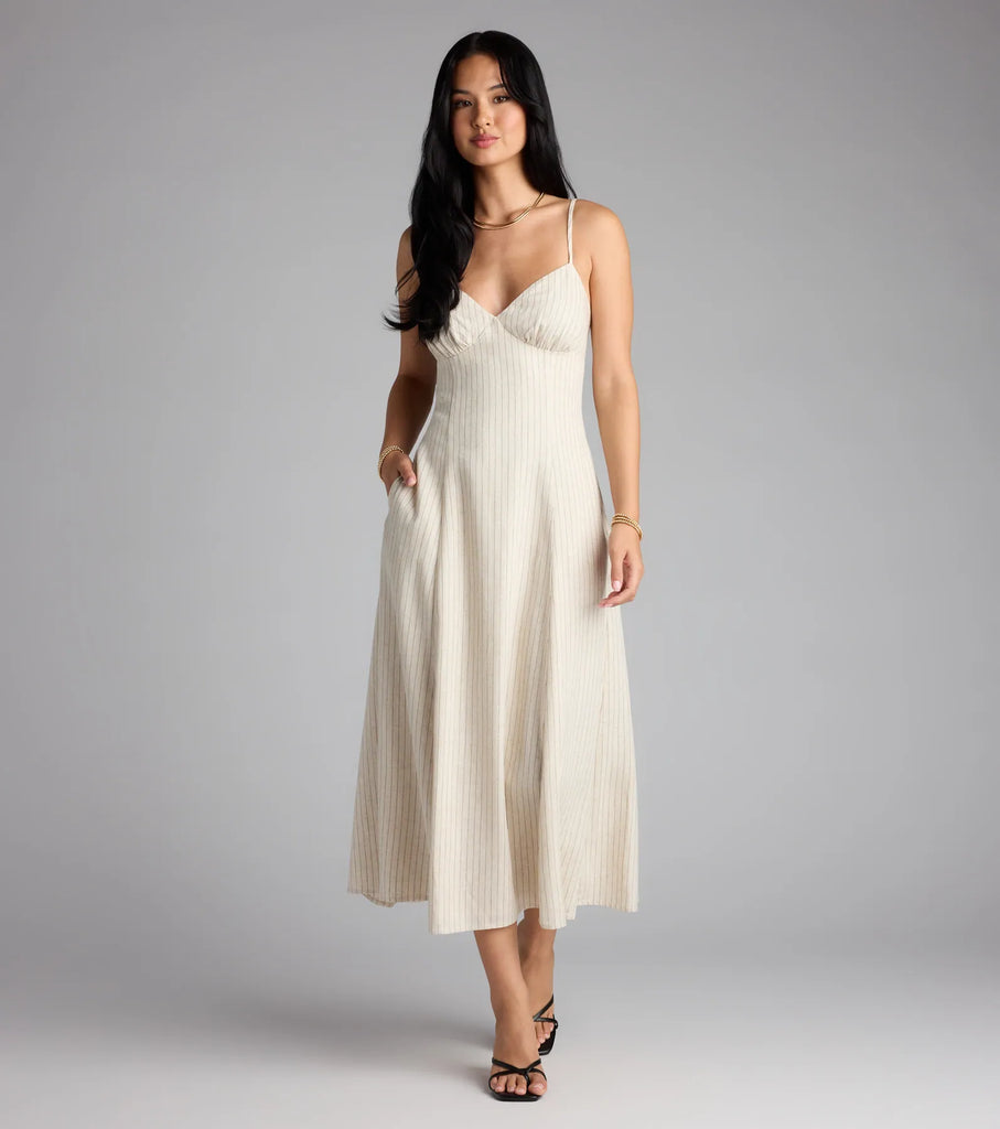 Striped Midi Dress Tie Back V-Neck Pocket Sundress Airily