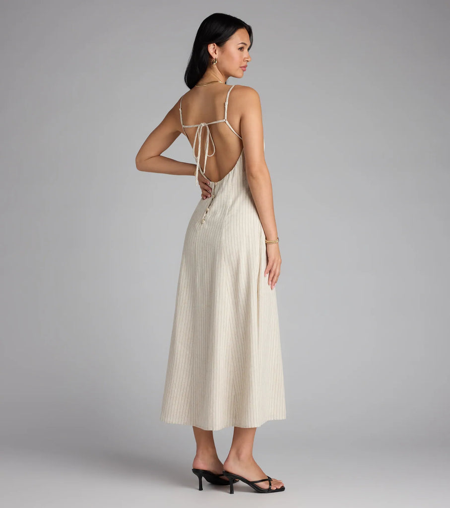 Striped Midi Dress Tie Back V-Neck Pocket Sundress Airily