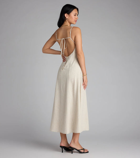 Striped Midi Dress Tie Back V-Neck Pocket Sundress Airily