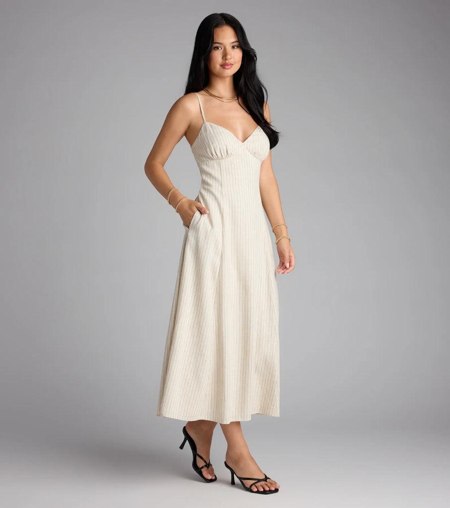 Striped Midi Dress Tie Back V-Neck Pocket Sundress Airily