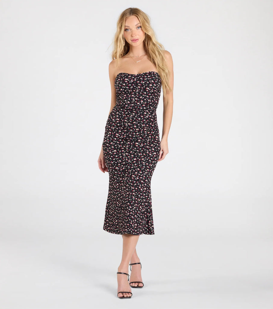 Strapless Floral Midi Dress Sweetheart Neckline Flare Hem Airily