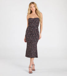 Strapless Floral Midi Dress Sweetheart Neckline Flare Hem Airily