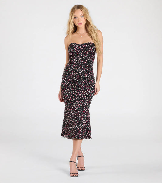 Strapless Floral Midi Dress Sweetheart Neckline Flare Hem Airily