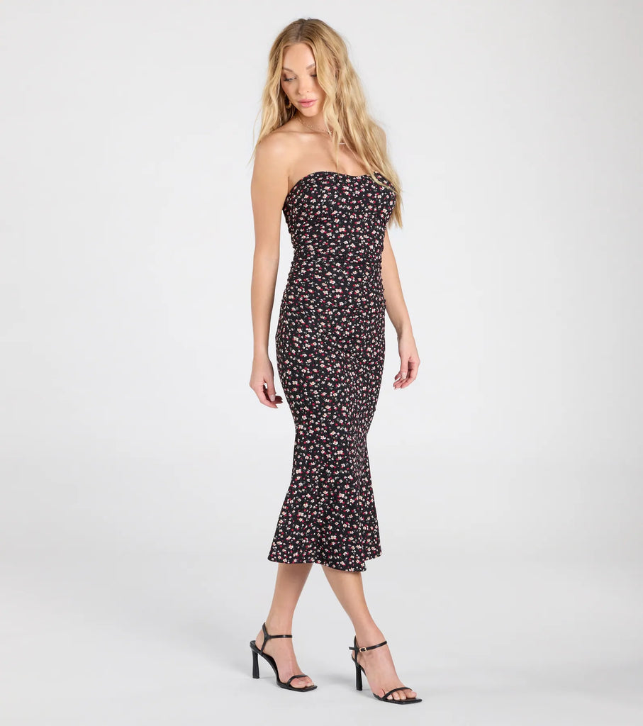 Strapless Floral Midi Dress Sweetheart Neckline Flare Hem Airily