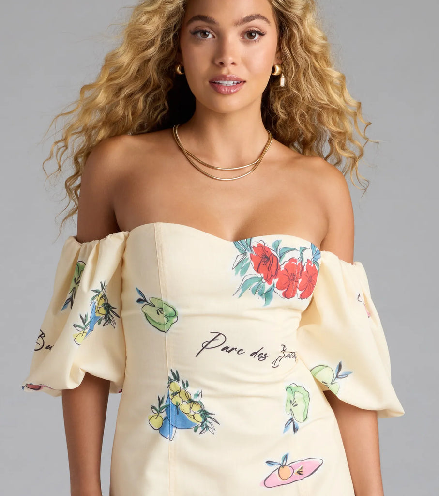 Printed Mini Dress Puff Sleeve Sweetheart Lace Up Back Airily