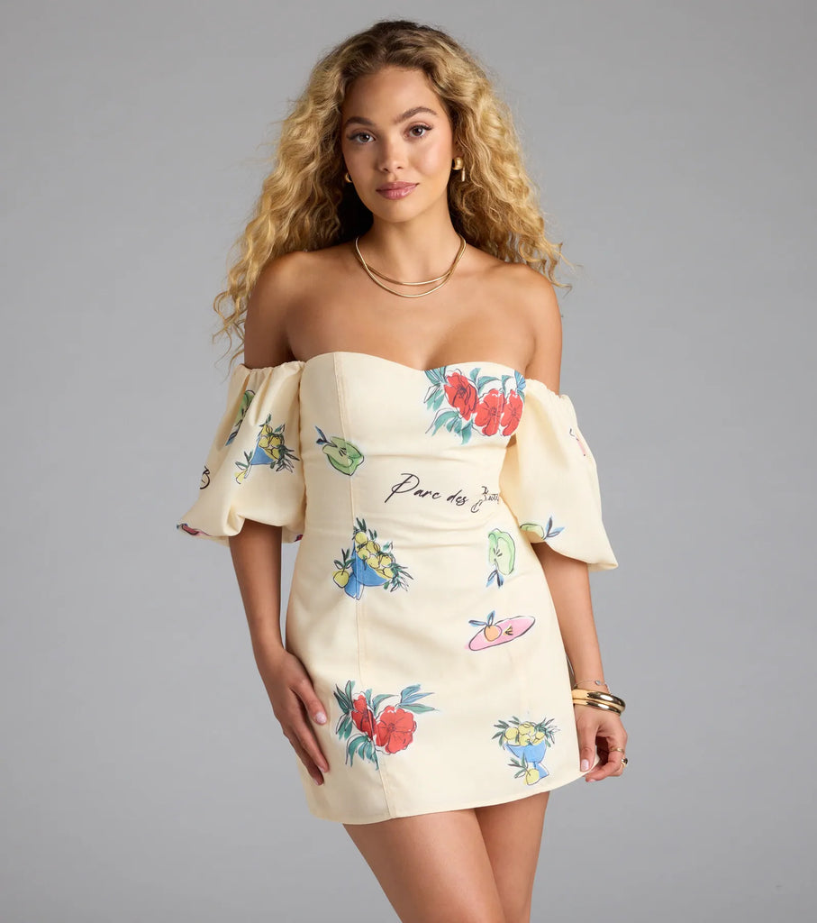 Printed Mini Dress Puff Sleeve Sweetheart Lace Up Back Airily