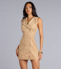 Faux Suede Mini Dress Mock Neck Zip Front A-Line Fall Dress Airily
