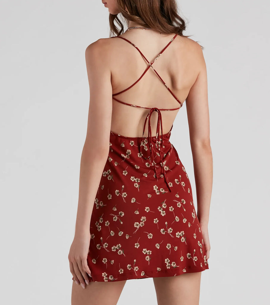 Floral Lace-Up Back Mini Dress V-Neck A-Line Summer Dress Airily