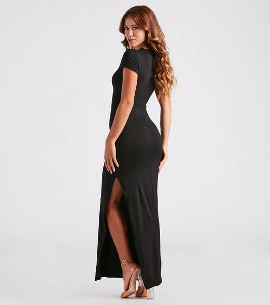 Classic Crew Neck Maxi Dress High Slit Bodycon Everyday Dress Airily