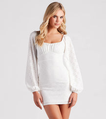 Modern Romance Eyelet Lace Mini Dress Square Neck Peasant Sleeve Airily