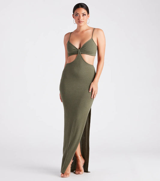 V-Neck Cutout Maxi Dress Knotted Bust Slim Silhouette Ribbed Dress Airily