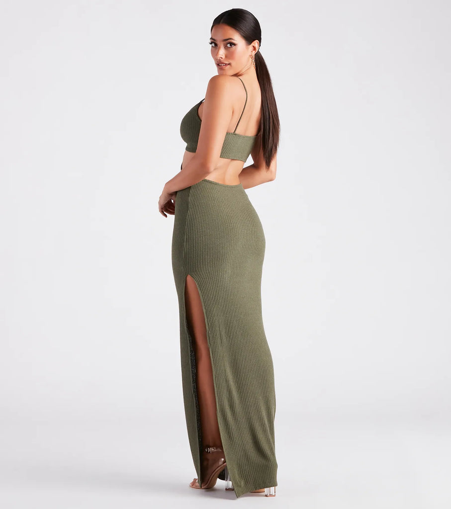 V-Neck Cutout Maxi Dress Knotted Bust Slim Silhouette Ribbed Dress Airily