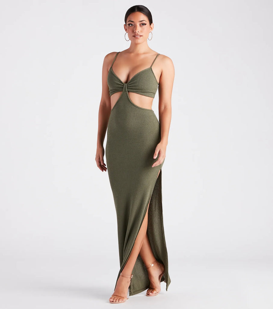 V-Neck Cutout Maxi Dress Knotted Bust Slim Silhouette Ribbed Dress Airily