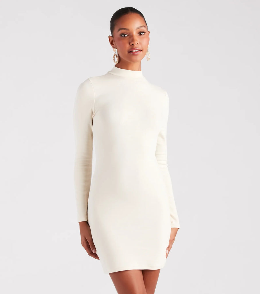 Mock Neck Bodycon Mini Dress Long Sleeve Cotton Blend Knit Dress Airily