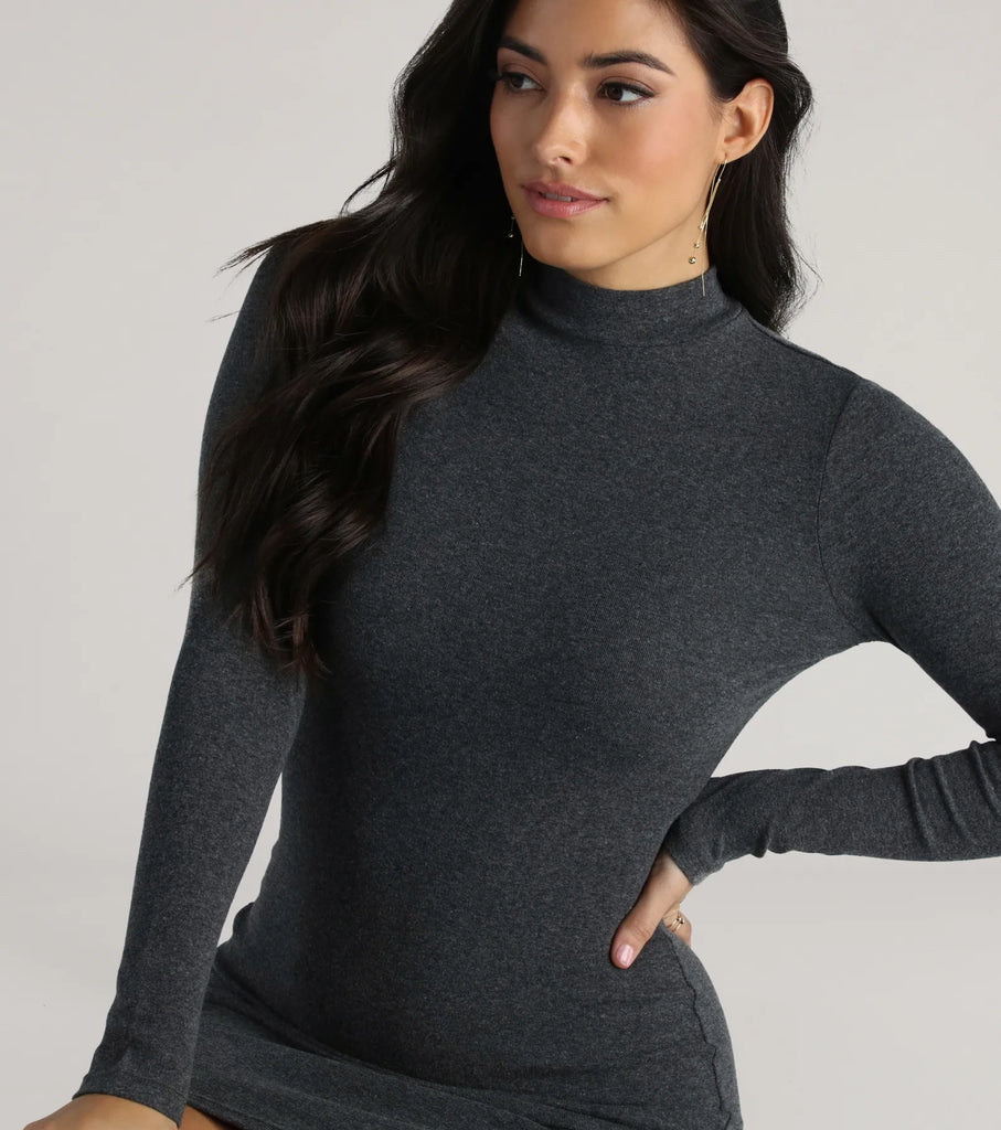 Mock Neck Bodycon Mini Dress Long Sleeve Cotton Blend Knit Dress Airily