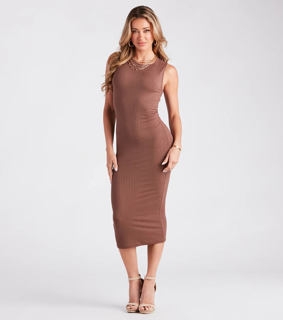 Crew Neck Ribbed Tank Dress Bodycon Midi Dress Everyday Minimalist Airily