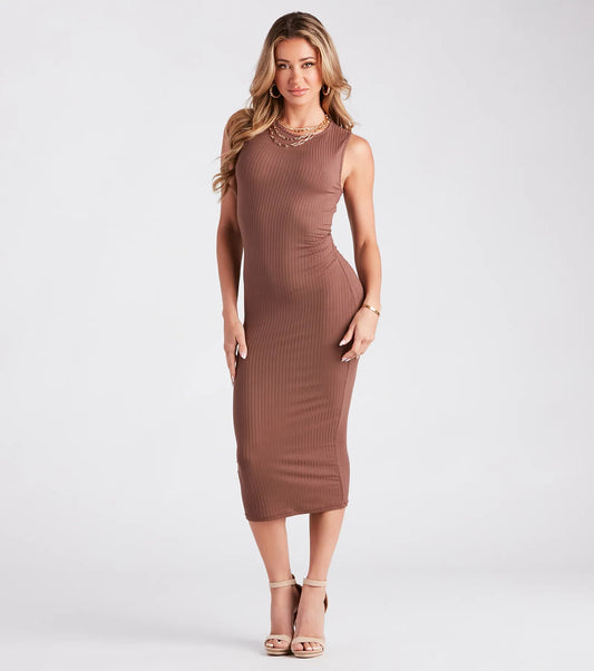 Crew Neck Ribbed Tank Dress Bodycon Midi Dress Everyday Minimalist Airily