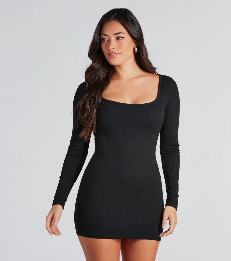 Scoop Neck Ribbed Mini Dress Long Sleeve Bodycon Everyday Airily