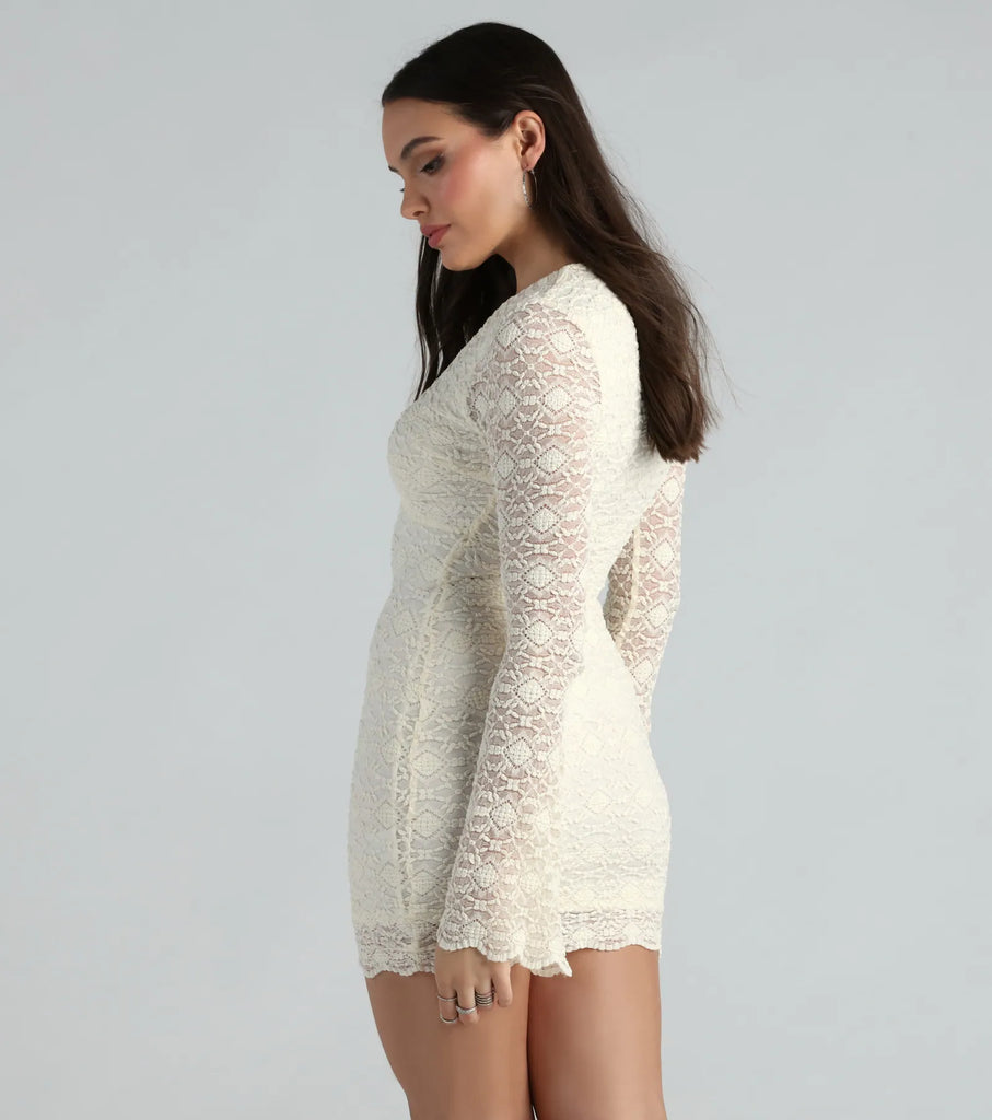Lace V-Neck Mini Dress Flared Sleeve Bodycon Evening Dress Airily