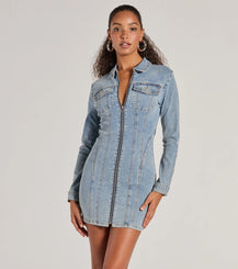 Denim Mini Dress Long Sleeve Collar Bodycon Casual Dress Airily