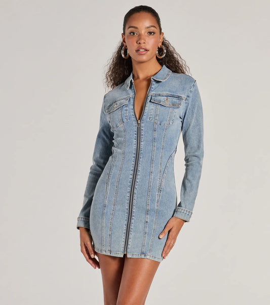 Denim Mini Dress Long Sleeve Collar Bodycon Casual Dress Airily