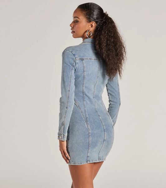Denim Mini Dress Long Sleeve Collar Bodycon Casual Dress Airily