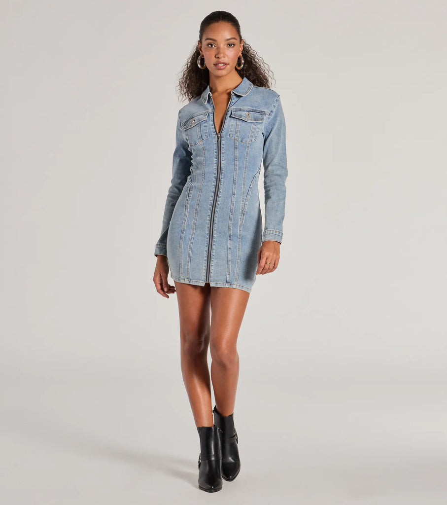 Denim Mini Dress Long Sleeve Collar Bodycon Casual Dress Airily