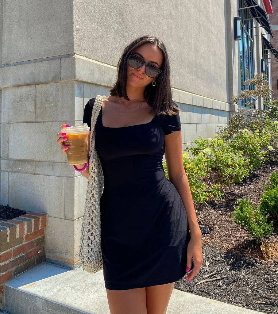 Tie Back Mini Dress Square Neck Cap Sleeve A-Line Night Out Airily