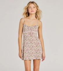 Floral Lace Trim Mini Dress Scoop Neck A-Line Bow Detail Airily