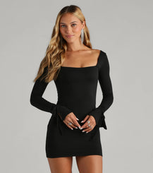 Square Neck Bell Sleeve Mini Dress Ruched Tie Detail Bodycon Dress Airily