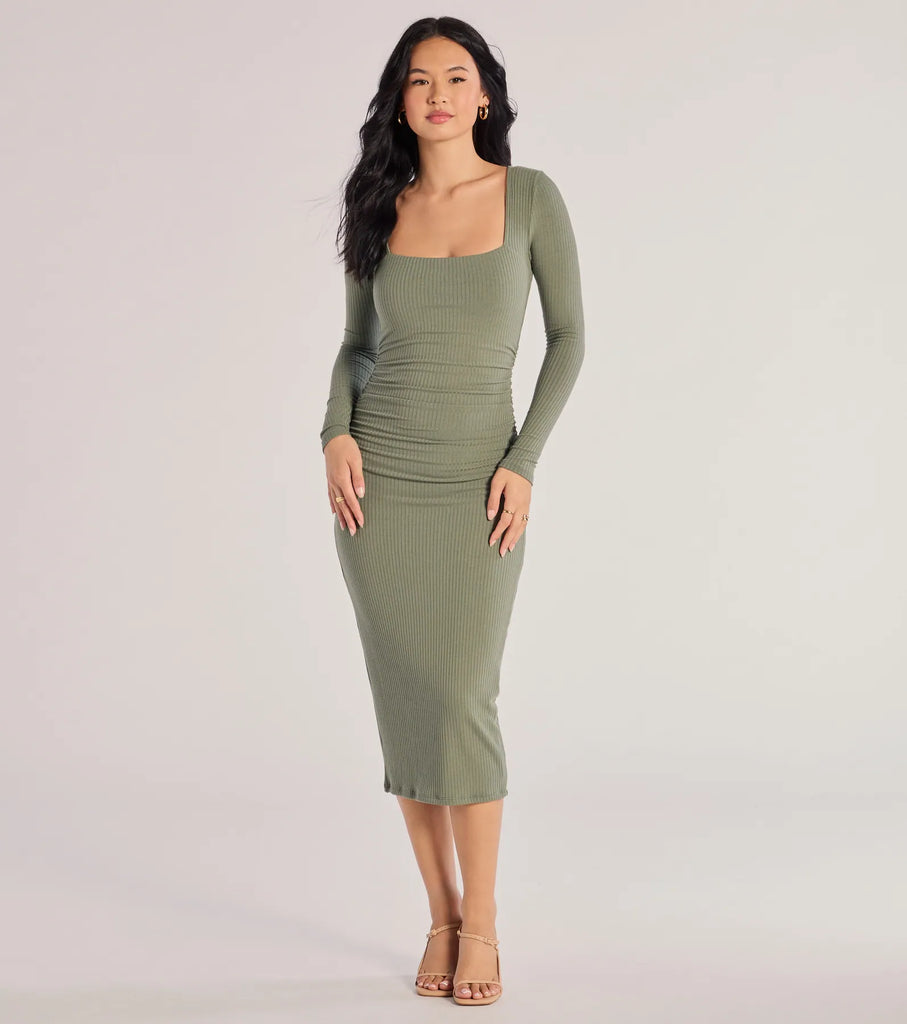 Square Neck Bodycon Midi Dress Long Sleeve Ruched Seam Airily