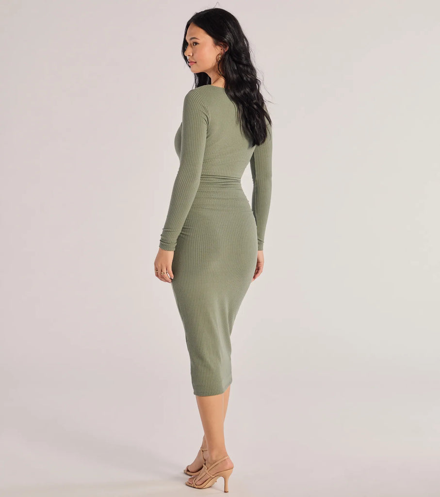 Square Neck Bodycon Midi Dress Long Sleeve Ruched Seam Airily