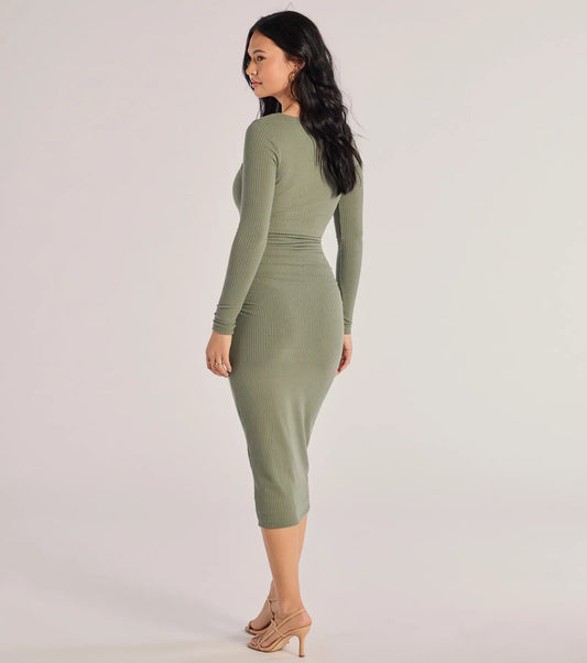 Square Neck Bodycon Midi Dress Long Sleeve Ruched Seam Airily