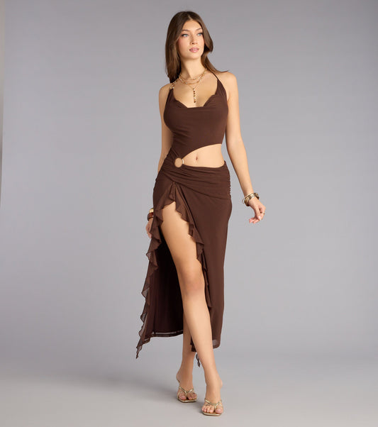 Mirage Flow Cowl Halter Mesh Midi Dress Airily