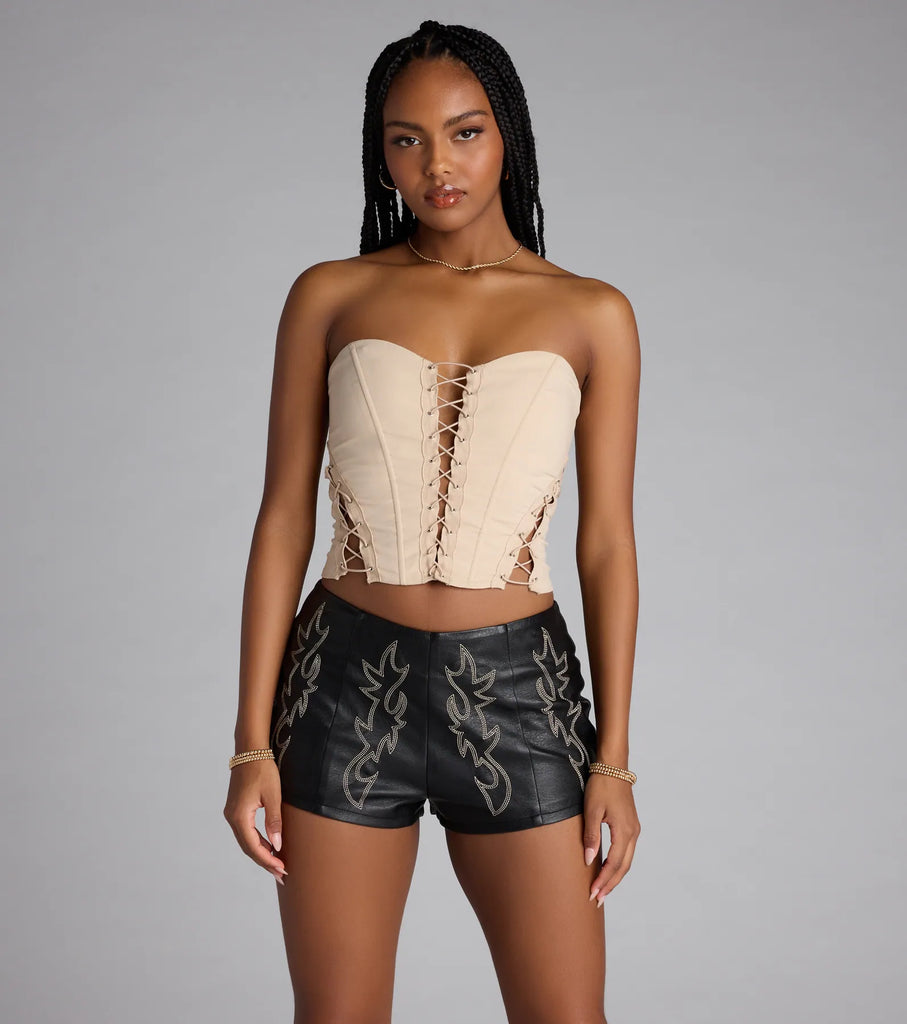 Strapless Lace Up Sweetheart Corset Crop Top Woven Lined Polyester Airily