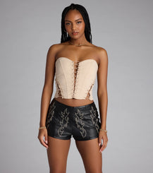 Strapless Lace Up Sweetheart Corset Crop Top Woven Lined Polyester Airily