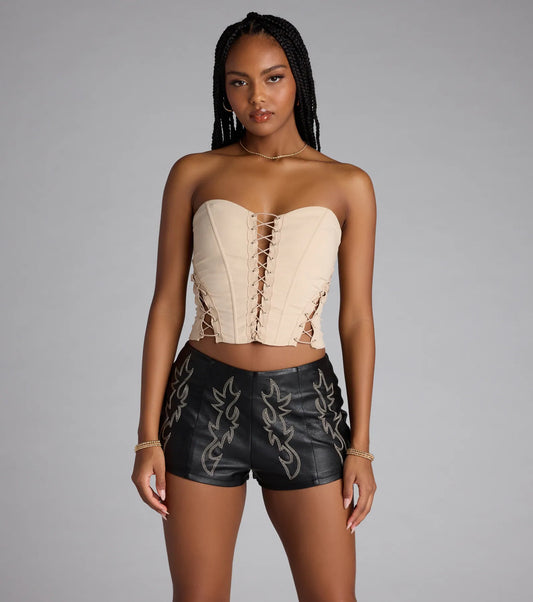 Strapless Lace Up Sweetheart Corset Crop Top Woven Lined Polyester Airily