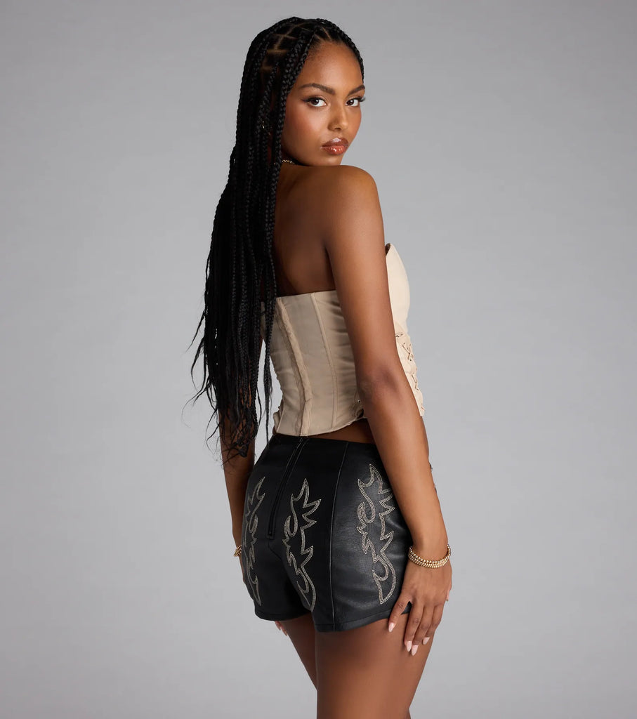 Strapless Lace Up Sweetheart Corset Crop Top Woven Lined Polyester Airily