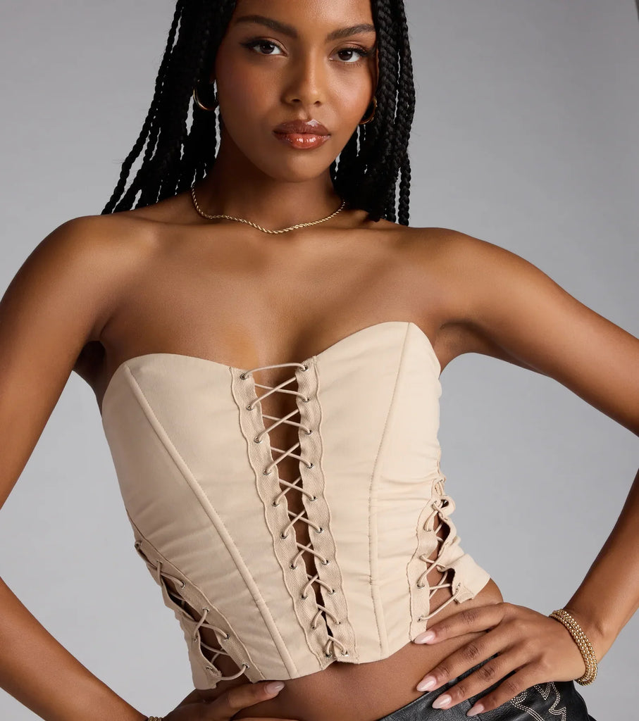 Strapless Lace Up Sweetheart Corset Crop Top Woven Lined Polyester Airily