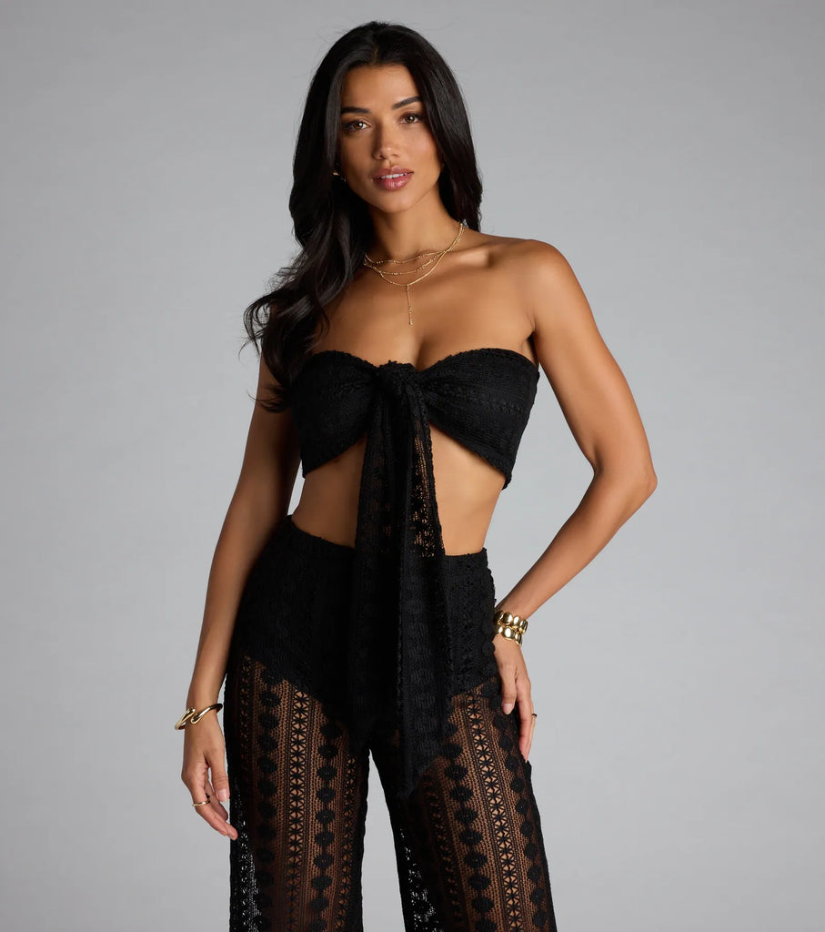Crochet Mesh Sweetheart Bandeau Tube Top Tie Front Lined Mesh Airily