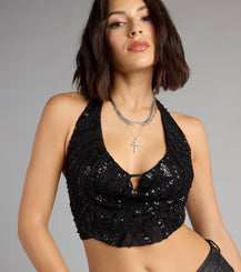 Sequin Plunge Halter Crop Top Lace Up Open Back Polyester Airily