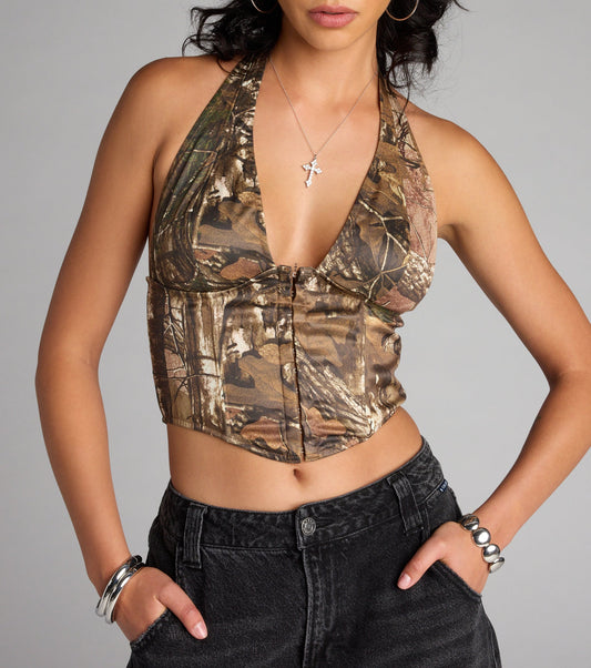 Camo Crush Plunge Halter Corset Top Airily