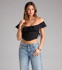 Chiffon Off Shoulder Lace Up Corset Top Ruffled Sleeves Knit Lining Airily