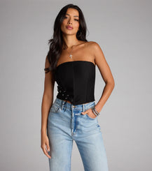 Strapless Lace Up Twill Corset Crop Top Side Tie Polyester Airily