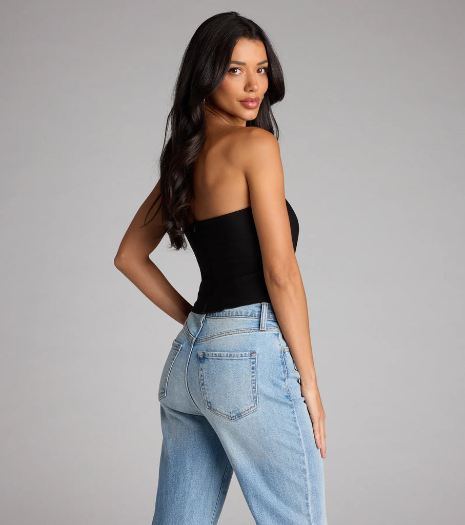 Strapless Lace Up Twill Corset Crop Top Side Tie Polyester Airily