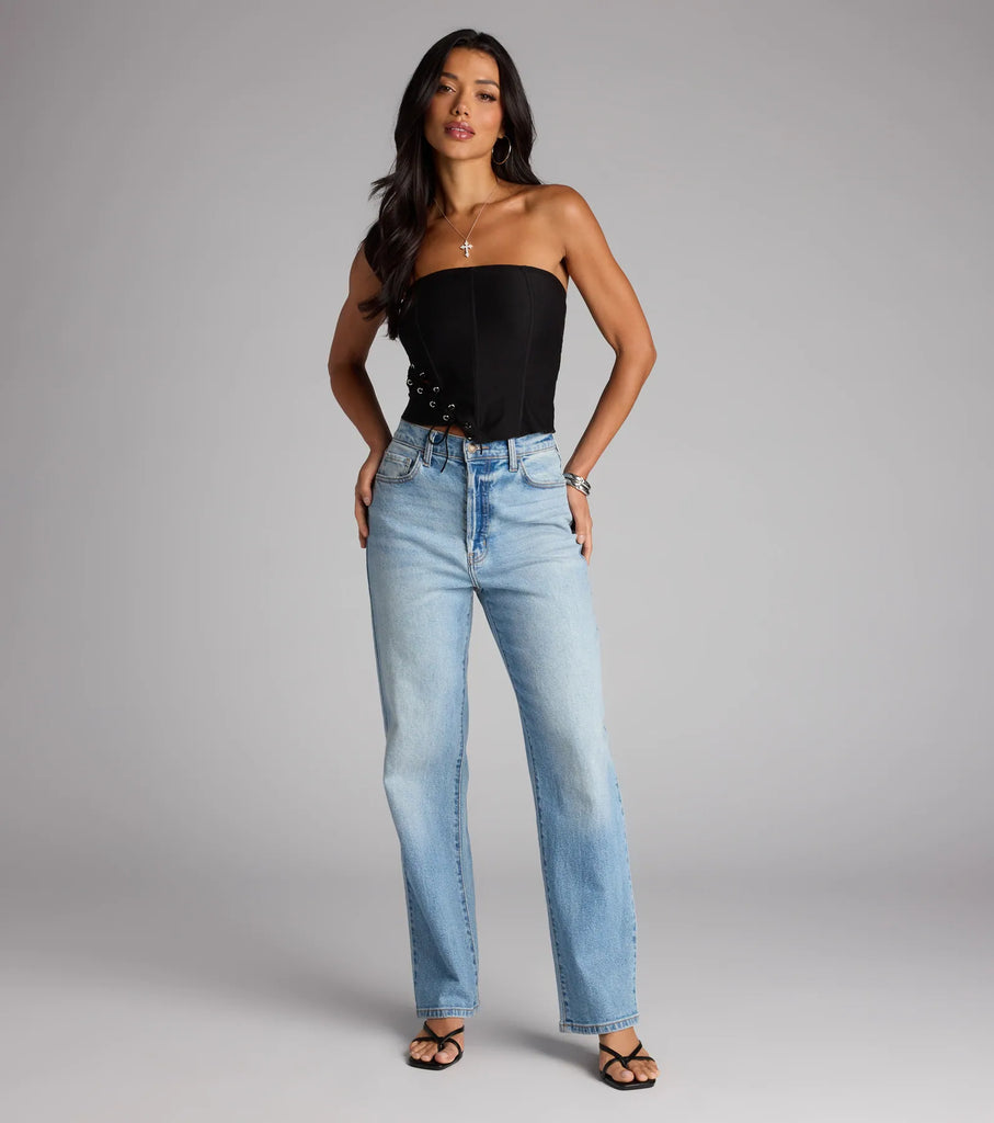 Strapless Lace Up Twill Corset Crop Top Side Tie Polyester Airily