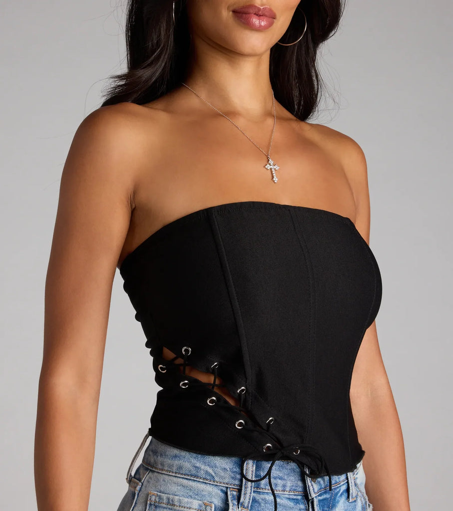 Strapless Lace Up Twill Corset Crop Top Side Tie Polyester Airily