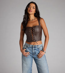 Faux Leather Square Neck Lace Up Corset Crop Top Wide Straps Airily