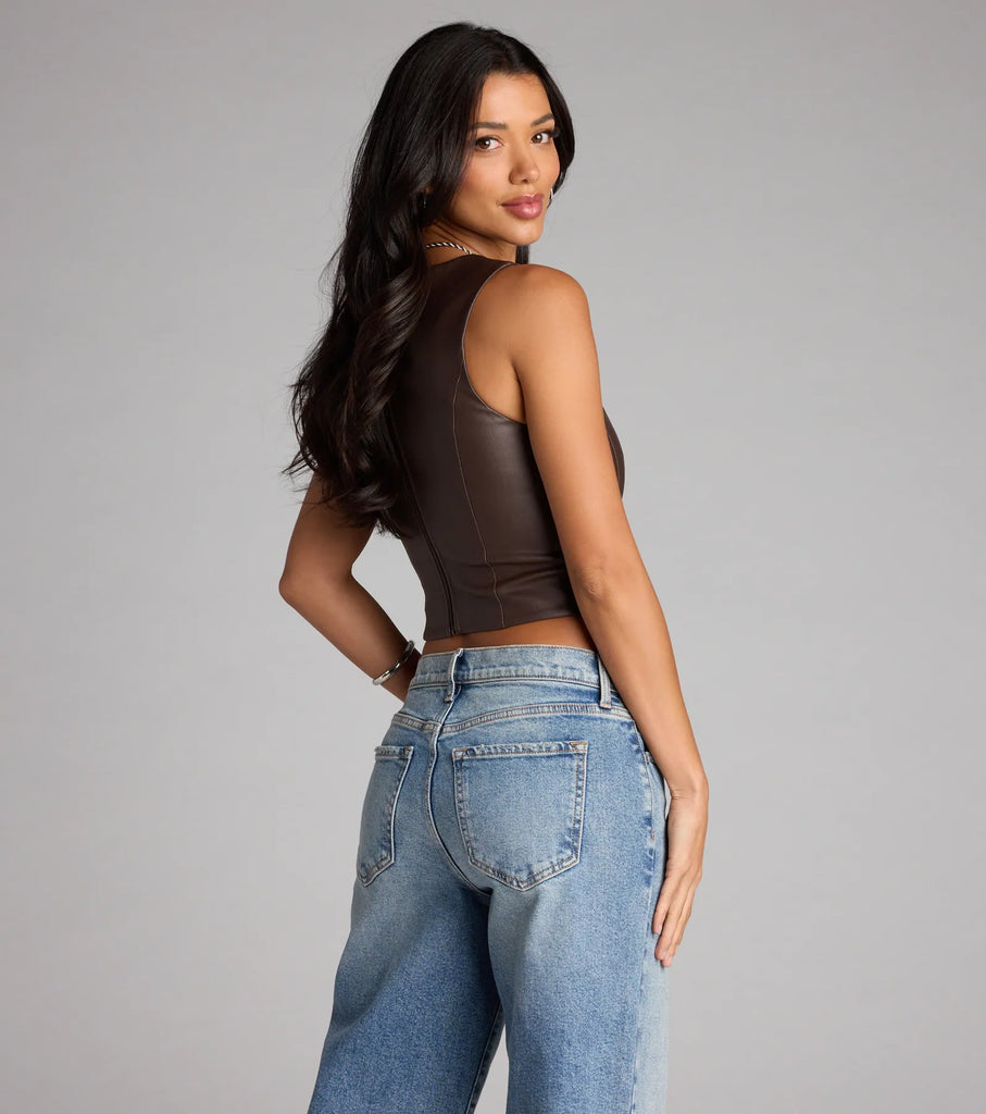 Faux Leather Square Neck Lace Up Corset Crop Top Wide Straps Airily