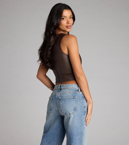 Faux Leather Square Neck Lace Up Corset Crop Top Wide Straps Airily